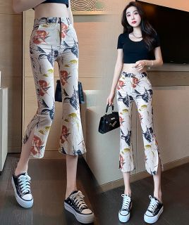2022夏季实拍新款花色开叉休闲裤子女高腰显瘦八分微喇叭小个子裤